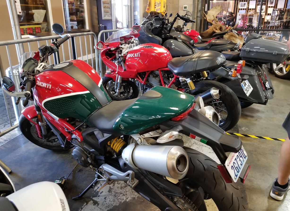 The Shop also had storage for motorcycles like these Ducatis.