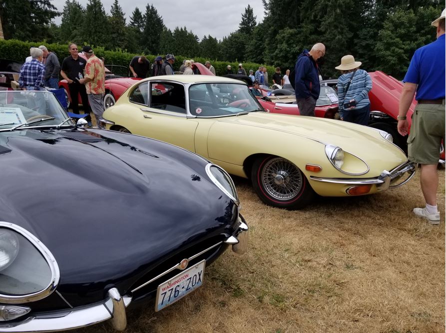 Black 1964 E-Type belonging to non-member Stenchever and 1970 E-Type belonging to non-member Stephen Sykora from Oregon.
