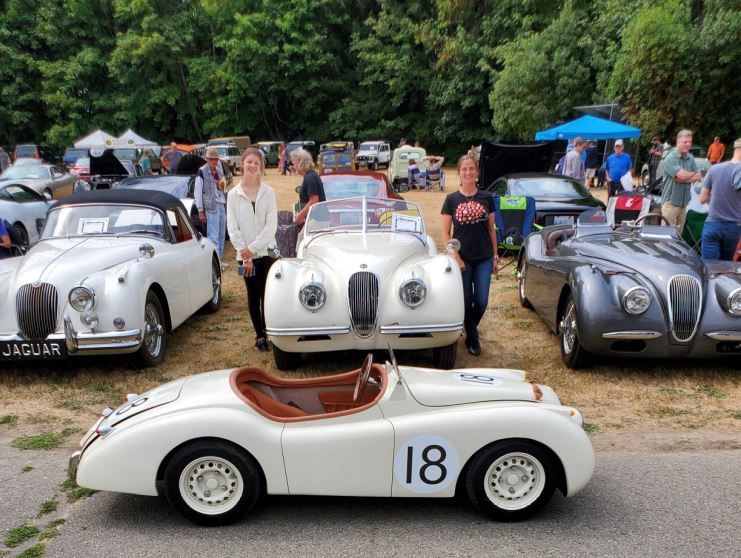 Pit Crew of the miniature XK120 visited with Kurt Jacobson's XK120 in center.  Left is Guy Boswell's XK150 DHC and right is the modified XK120 belonging to non-member Greg Wilson.