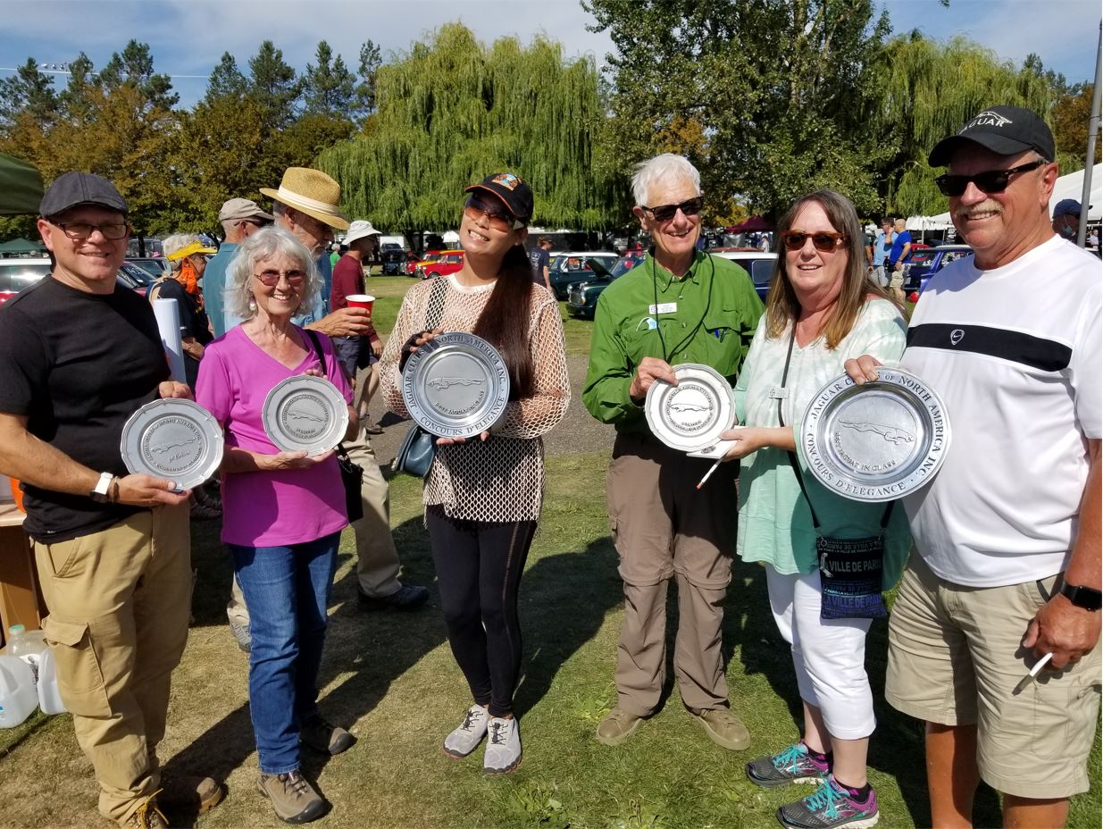 L-R, David Adelsman, Sharon Case, Austria Gracey, Kurt Jacobson, Cheryl Jacobson and Bill Buegel. Everyone from the Seattle Jaguar Club that entered the JOCO Concours went home with an award.  I liked Kurt's line in the JagMag that said "Their Jaguars returned with Oregon Plates"