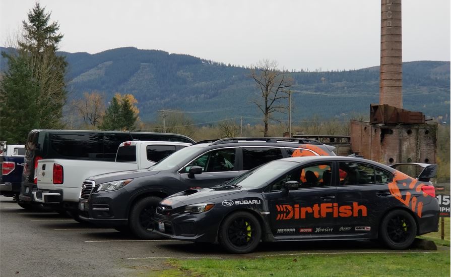 Dirt Fish Subaru in their parking lot.  Smokestack is a remnant from the original Snoqualmie Falls Lumber Company that once operated on this site.