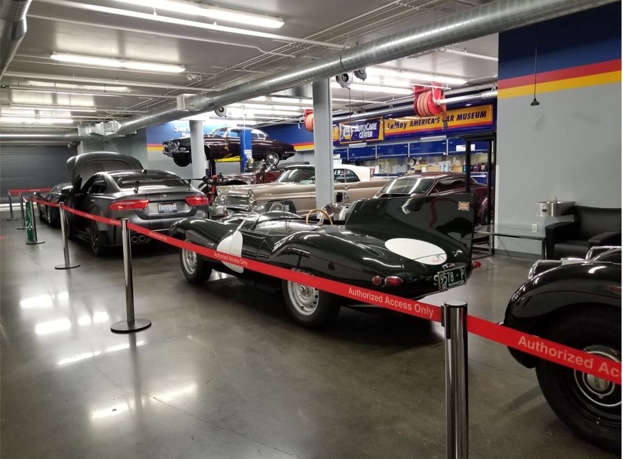 Cars lined up inside LeMay with the XJ220, then the Project 8, then the Lynx D-Type and the XK120.