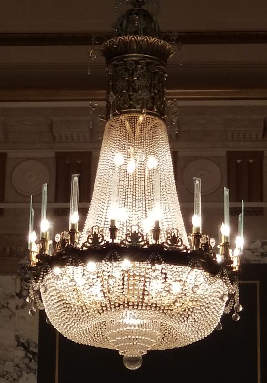 Close up of one of the crystal chandeliers.