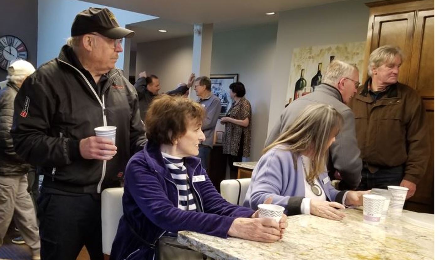 It was an opportunity to visit with other club members.  Margaret Ames and Cheryl Jacobson sitting at the counter with Tom Hilton behind Margaret.  Just so you know Tanya Book also attended, she is in the back with the jaguar print top.